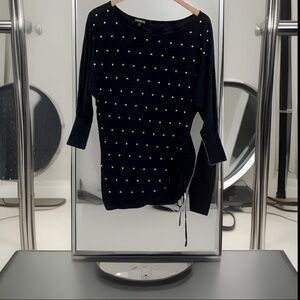 Express Knitted Ruched Side W/Drawstring Raglan Sleeve Round Neck Gold Studs Top